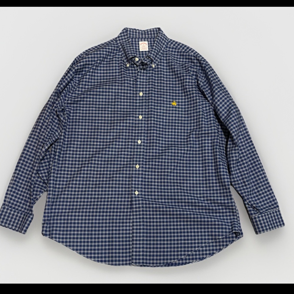 Brooks Brothers 346 Blue Check Print Cotton Polo Button Down Non Iron Shirt XL